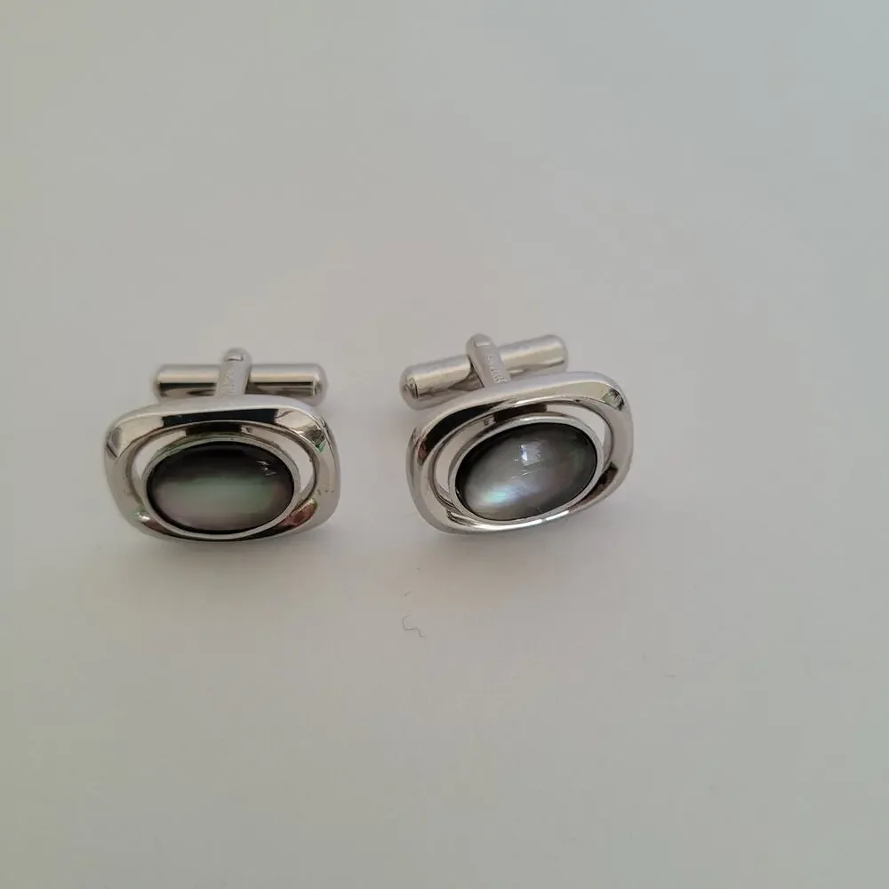 Jaldan Match Match Vintage Cufflinks Tie Clip Set Black Mother Of Pearls Silver